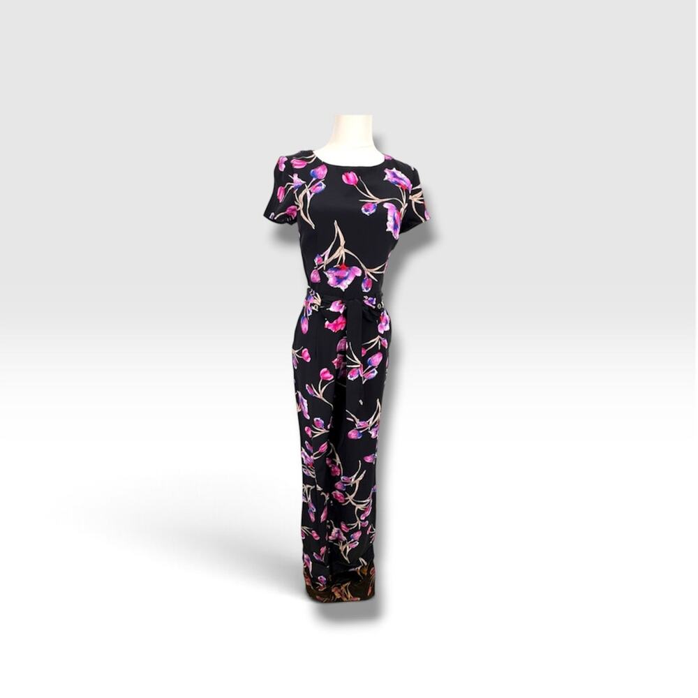 Yumi Kim black floral 100% silk belted short sleeve wide leg jumpsuit XS NEW